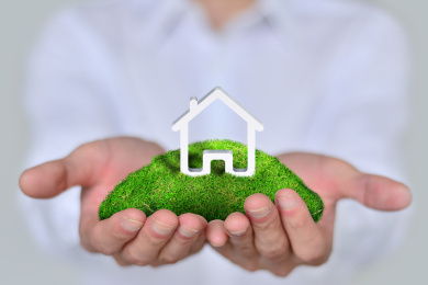  Male hands holding a green hill with a small house