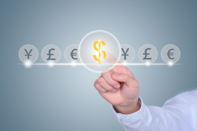 Businessman finger click select financial (money) symbol .Global Currency Trader Concept. 
