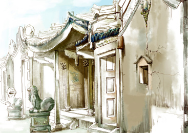 潮汕建筑手绘插画 潮汕建筑