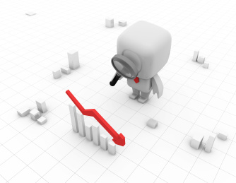 商务小白人拿着放大镜和箭头柱状图