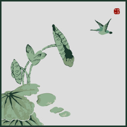 中国古典 水草 莲花 翠鸟 荷花手绘 水墨中国画 矢量 标志元素