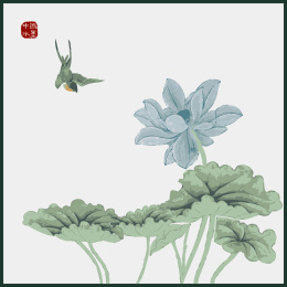 中国古典 水草 莲花 燕子鸟雀 荷花手绘 水墨中国画 矢量 标志元素