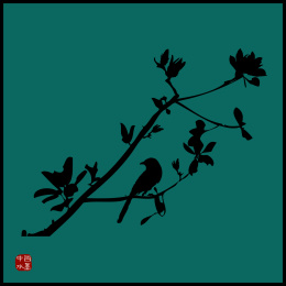 中国古典优雅 玉兰花枝手绘 喜鹊鸟雀水墨中国画 矢量剪影 标志元素