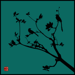 中国古典优雅 玉兰花枝手绘 喜鹊鸟雀水墨中国画 矢量剪影 标志元素