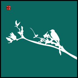 中国古典优雅 杏枝花手绘 喜鹊鸟水墨中国画 矢量剪影 标志元素