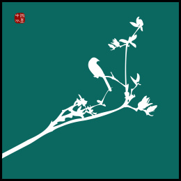 中国古典优雅 杏枝花手绘 喜鹊鸟水墨中国画 矢量剪影 标志元素