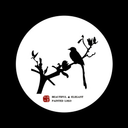 中国古典优雅 枯树枝手绘 喜鹊雀鸟水墨中国画 矢量剪影 标志元素