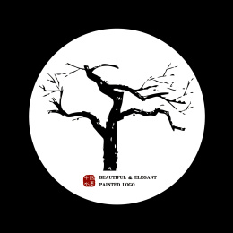 中国古朴 枯树手绘版画 水墨中国画 矢量剪影 标志元素