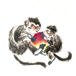 中国画水墨猴子献寿图