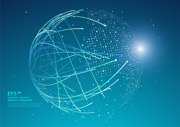 点线连接的科技矢量背景，三维抽象矢量星球，寓意全球化、国际化，球形世界地图