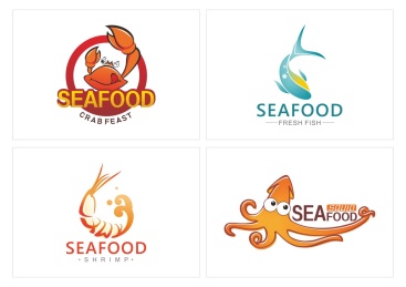 海鲜logo 海鲜标志元素 螃蟹 鱼虾 鱿鱼 label templates, badges