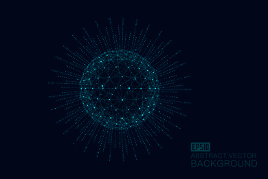 辐射线、点线连接组成三维球体，抽象矢量星球，寓意全球化、国际化，科学技术概念