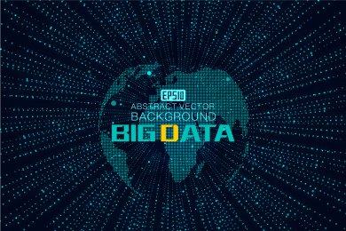 世界地图、辐射线、点线链接构成世界大数据科技矢量背景、寓意全球化、国际化，科学技术概念