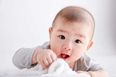 可爱的亚洲婴儿趴在白色背景里