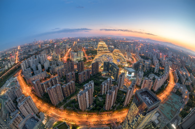 北京日落时分的望京建筑群