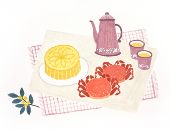 中秋节赏月美食手绘插画