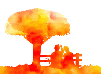 坐在树下躺椅上的一对老人－横版－白底