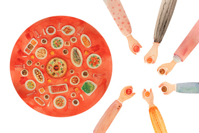 过年 年夜饭 举杯 插画