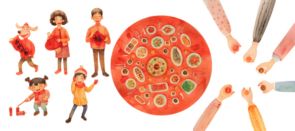 过年 新年  年夜饭 插画