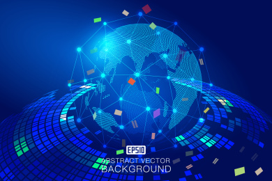 蓝色的漩涡与点线链接地球组成发光科技背景，蔚蓝科技效果的矢量元素