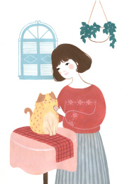 和猫咪一起玩耍的女孩手绘插画