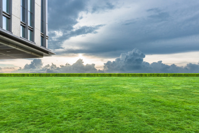 现代办公建筑,绿色的草坪,天津中国.