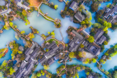 浙江杭州西溪湿地蒋村集市无人航拍