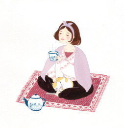 坐在地毯上喝茶的少女插画