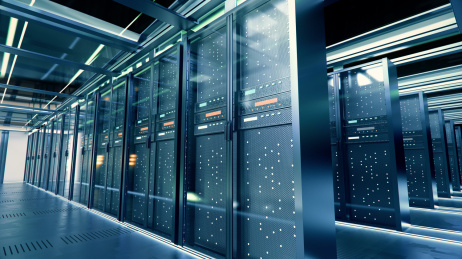 三维渲染的现代化高科技的服务器机房，强大的数据库和运算存储能力。
