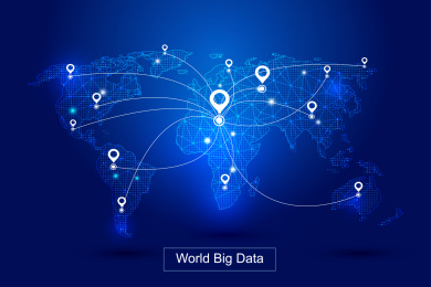 点线构成世界地图，GPS定位构成世界大数据科技矢量背景、寓意全球化、国际化，科学技术概念