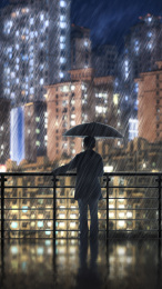 梦幻雨中城市夜景孤独商务思考男人背影倒影