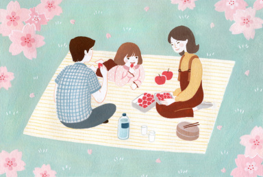 春天家庭春游野餐赏樱插画