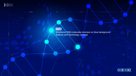 线条构图DNA分子结构在蓝色背景上。科学和技术的概念。