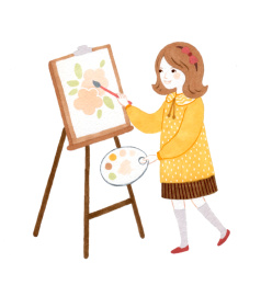 站在画架前画画的小女孩卡通插画