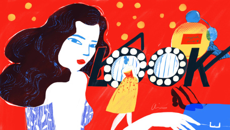  复古大波浪发型回眸女性插画