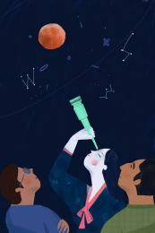 观望  星象 天文爱好 望远镜 深夜 月亮  室外 