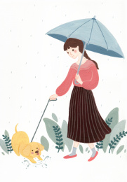雨中散步遛狗的少女插画