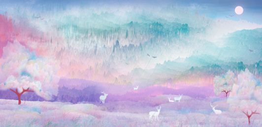 樱桃树下梅花鹿在仙境风景中嬉戏插画