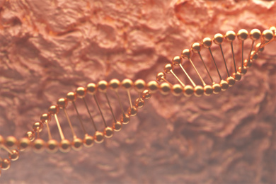 金色的双螺旋在抽象背景上，通过提取病变基因片段改变肌肤老化问题。