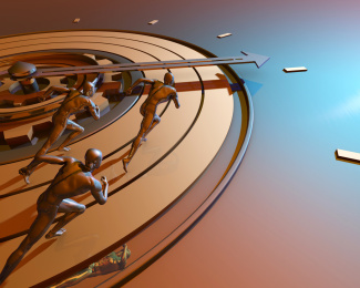 科技人类在表盘上奔跑，争分夺秒，努力奋斗，时间就是金钱 