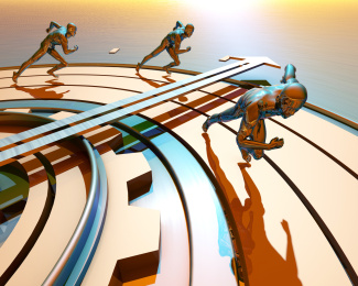 科技人类在表盘上奔跑，争分夺秒，努力奋斗，时间就是金钱 