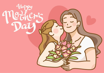 母亲节插画：可爱的女儿亲吻妈妈送花，祝母亲节快乐！