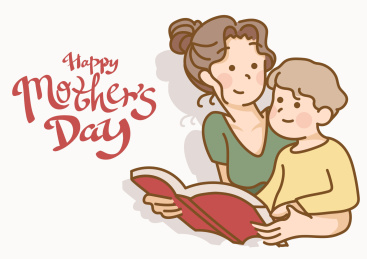 母亲节插画：妈妈陪你长大，一起看书学习。