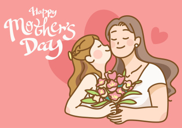 母亲节插画：可爱的女儿亲吻妈妈送花，祝母亲节快乐！