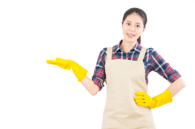 示出具有分离的在白色背景塑料手套的手呈现手势亚家庭主妇。美丽的新鲜活力的多民族中国的亚洲女模特。