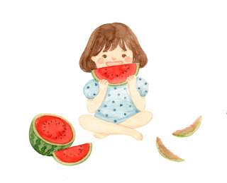 夏天吃西瓜小女孩插画
