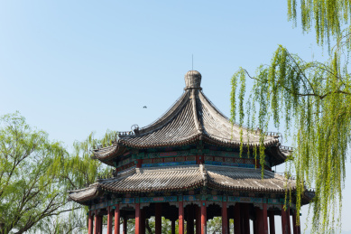 初夏北京颐和园的廊如亭,中国古代建筑八角亭.