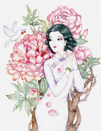 穿旗袍的女人倚靠在开满芍药花的树上,白鸽给她带来了樱桃,水彩插画