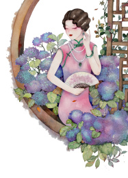 穿旗袍的女人坐在开满绣球花的中式窗台上，水彩插画