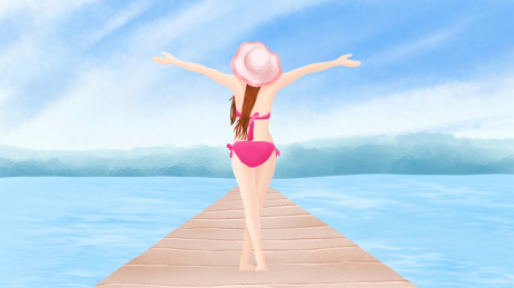 清凉一夏海边的泳装少女原创手绘海报小清新插画